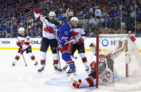 NEW YORK, NEW YORK – APRIL 22: Akira Schmid #40 of the New Jersey Devils tends net against the New York Rangers during Game Three in the First Round of the 2023 Stanley Cup Playoffs at Madison Square Garden on April 22, 2023, in New York, New York. (Photo by Bruce Bennett/Getty Images)