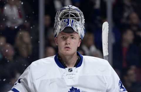 Oct 29, 2016; Montreal, Quebec, CAN; Toronto Maple Leafs goalie Frederik Andersen (31) takes a breather during the second period of the game against the Montreal Canadiens at the Bell Centre. Mandatory Credit: Eric Bolte-USA TODAY Sports