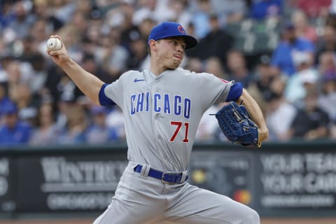 May 28, 2022; Chicago, Illinois, USA; Chicago Cubs starting pitcher Keegan Thompson (71) delivers against the Chicago White Sox during the first inning at Guaranteed Rate Field. Mandatory Credit: Kamil Krzaczynski-USA TODAY Sports