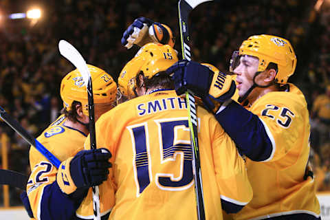 NASHVILLE, TN – DECEMBER 04: Nashville Predators defenseman Alexei Emelin (25), defenseman P.K. Subban (76), center Kyle Turris (8) and right wing Craig Smith (15) congratulate left wing Kevin Fiala (22) following his second period goal during the NHL game between the Nashville Predators and the Boston Bruins, held on December 4, 2017, at Bridgestone Arena in Nashville, Tennessee. (Photo by Danny Murphy/Icon Sportswire via Getty Images)