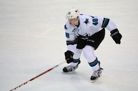 Feb 22, 2016; St. Louis, MO, USA; San Jose Sharks center Tomas Hertl (48) skates against the St. Louis Blues during the third period at Scottrade Center. The Sharks defeated the Blues 6-3. Mandatory Credit: Jeff Curry-USA TODAY Sports