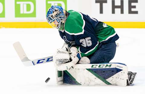 Thatcher Demko of the Vancouver Canucks. (Photo by Rich Lam/Getty Images)