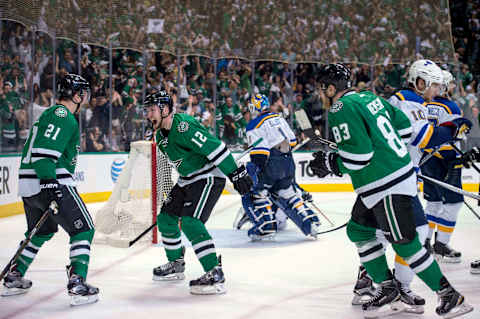 Apr 29, 2016; Dallas, TX, USA; Dallas Stars left wing Antoine Roussel (21) and center Radek Faksa (12) and right wing Ales Hemsky (83) celebrate Roussel’s goal against St. Louis Blues goalie Brian Elliott (1) during the second period in game one of the second round of the 2016 Stanley Cup Playoffs at the American Airlines Center. Mandatory Credit: Jerome Miron-USA TODAY Sports