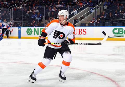 ELMONT, NEW YORK – APRIL 08: Nick Seeler #24 of the Philadelphia Flyers skates against the New York Islanders at the UBS Arena on April 08, 2023 in Elmont, New York. (Photo by Bruce Bennett/Getty Images)