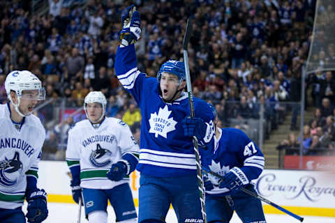 TORONTO, ON- NOVEMBER 14:James van Riemsdyk celebrates his first period goal on Ryan Miller.The Toronto Maple Leafs hosted the Vancouver Canucks Saturday night.Lucas Oleniuk-Toronto Star (Lucas Oleniuk/Toronto Star via Getty Images)