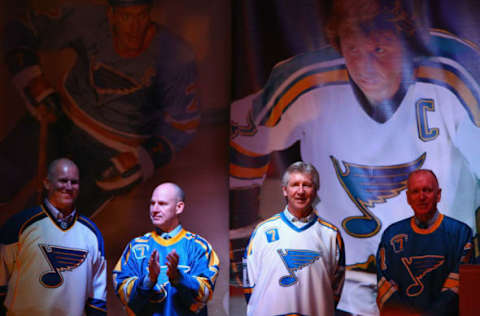 ST. LOUIS, MO – MARCH 7: Former St. Louis Blues players Keith Tkachuk, Joe Mullen, Garry Unger and Red Berenson are honored during ceremony prior to playing against the Columbus Blue Jackets at the Scottrade Center on March 7, 2011 in St. Louis, Missouri. (Photo by Dilip Vishwanat/Getty Images)