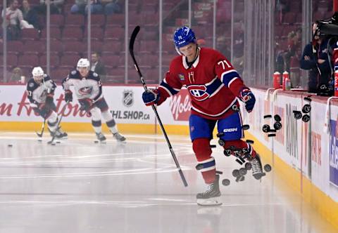 Oct 26, 2023; Montreal, Quebec, CAN; Montreal Canadiens forward Jake Evans. Mandatory Credit: Eric Bolte-USA TODAY Sports