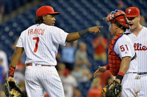 After the W, Franco Points Victoriously to One of His Teammates. Photo by Eric Hartline – USA TODAY Sports.