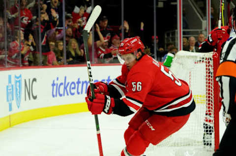 RALEIGH, NC – OCTOBER 6: Erik Haula #56 of the Carolina Hurricanes celebrates a goal during an NHL game against the Tampa Bay Lightning on October 6, 2019 at PNC Arena in Raleigh North Carolina. (Photo by Gregg Forwerck/NHLI via Getty Images)