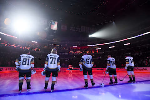 LOS ANGELES, CA – SEPTEMBER 19: Jonathan Marchessault #81, William Karlsson #71, Mark Stone #61, Nate Schmidt #88 and Nicolas Hague #14 of the Vegas Golden Knights listen to the national anthem before the preseason game against the Los Angeles Kings at STAPLES Center on September 19, 2019 in Los Angeles, California. (Photo by Juan Ocampo/NHLI via Getty Images)