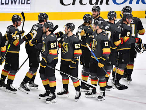 Jan 6, 2022; Las Vegas, Nevada, USA; Vegas Golden Knights players celebrate after defeating the New York Rangers 5-1 at T-Mobile Arena. Mandatory Credit: Stephen R. Sylvanie-USA TODAY Sports