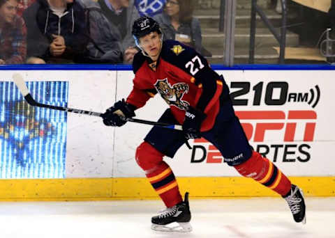 Feb 15, 2016; Sunrise, FL, USA; Florida Panthers center Nick Bjugstad (27) skates in the third period of a game against the Pittsburgh Penguins at BB&T Center. Mandatory Credit: Robert Mayer-USA TODAY Sports