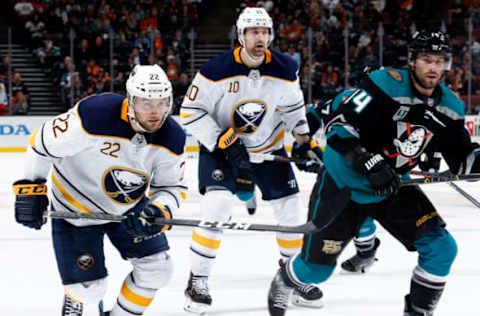 ANAHEIM, CA – OCTOBER 21: Johan Larsson #22 and Patrik Berglund #10 of the Buffalo Sabres skate against Adam Henrique #14 of the Anaheim Ducks during the game on October 21, 2018, at Honda Center in Anaheim, California. (Photo by Debora Robinson/NHLI via Getty Images)