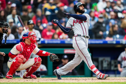 PHILADELPHIA, PA – APRIL 29: Nick Markakis #22 of the Atlanta Braves bats during the game against the Philadelphia Phillies at Citizens Bank Park on Sunday April 29, 2018 in Philadelphia, Pennsylvania. (Photo by Rob Tringali/SportsChrome/Getty Images) *** Local Caption *** Nick Markakis