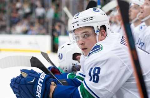 Oct 29, 2015; Dallas, TX, USA; Vancouver Canucks right wing Jake Virtanen (18) during the game against the Dallas Stars at the American Airlines Center. The Stars defeat the Canucks 4-3 in overtime. Mandatory Credit: Jerome Miron-USA TODAY Sports