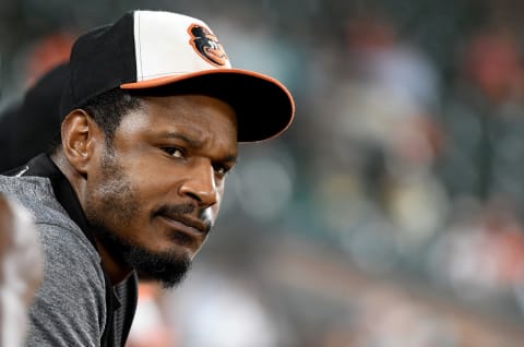 BALTIMORE, MD – SEPTEMBER 13: Adam Jones #10 of the Baltimore Orioles watches the game in the ninth inning against the Oakland Athletics at Oriole Park at Camden Yards on September 13, 2018 in Baltimore, Maryland. (Photo by Greg Fiume/Getty Images)