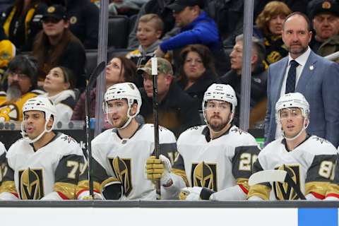 Vegas Golden Knights head coach Peter DeBoer directs his team during the first period of their game against the Boston Bruins at TD Garden on January 21, 2020.