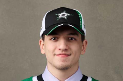 MONTREAL, QUEBEC – JULY 08: Christian Kyrou, #50 pick by the Dallas Stars, poses for a portrait during the 2022 Upper Deck NHL Draft at Bell Centre on July 08, 2022 in Montreal, Quebec, Canada. (Photo by Minas Panagiotakis/Getty Images)