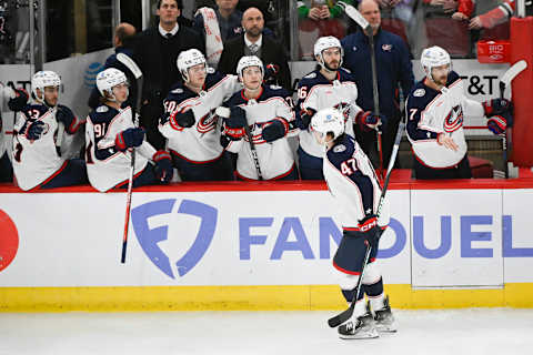 Dec 23, 2022; Chicago, Illinois, USA; Columbus Blue Jackets defenseman Marcus Bjork (47) celebrates after he scores against the Chicago Blackhawks during the third period at the United Center. Mandatory Credit: Matt Marton-USA TODAY Sports