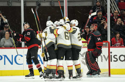 RALEIGH, NC – JANUARY 31: Vegas Golden Knights Right Wing Alex Tuch (89) is surrounded by teammates after scoring the eventual game winning goal during a game between the Carolina Hurricanes and the Las Vegas Golden Knights on January 31, 2020 at the PNC Arena in Raleigh, NC. (Photo by Greg Thompson/Icon Sportswire via Getty Images)