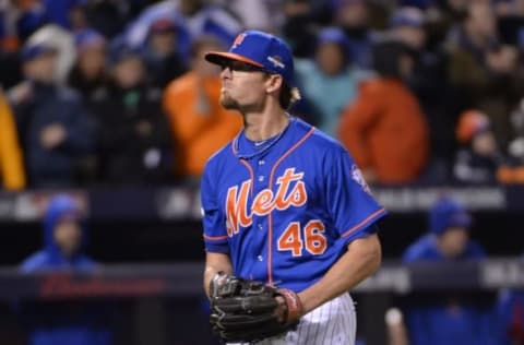 Oct 18, 2015; New York City, NY, USA; New York Mets relief pitcher Tyler Clippard reacts after retiring the Chicago Cubs in the 8th inning in game two of the NLCS at Citi Field. Mandatory Credit: Robert Deutsch-USA TODAY Sports