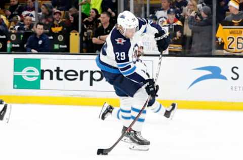 BOSTON, MA – JANUARY 29: Winnipeg Jets Left Wing Patrik Laine (29) shoots in warm up before a game between the Boston Bruins and the Winnipeg Jets on January 29, 2019, at TD Garden in Boston, Massachusetts. (Photo by Fred Kfoury III/Icon Sportswire via Getty Images)