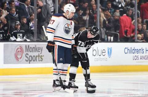 LOS ANGELES, CA – FEBRUARY 24: Milan Lucic #27 of the Edmonton Oilers and Tyler Toffoli #73 of the Los Angeles Kings converse during a game at STAPLES Center on February 24, 2018 in Los Angeles, California. (Photo by Adam Pantozzi/NHLI via Getty Images)