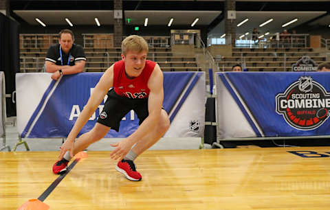 BUFFALO, NY – JUNE 1: Pavel Dorofeyev performs the pro agility test during the 2019 NHL Scouting Combine on June 1, 2019 at Harborcenter in Buffalo, New York. (Photo by Bill Wippert/NHLI via Getty Images)