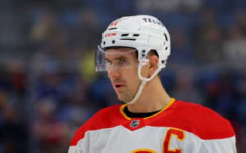 Oct 19, 2023; Buffalo, New York, USA; Calgary Flames center Mikael Backlund (11) during the first period against the Buffalo Sabres at KeyBank Center. Mandatory Credit: Timothy T. Ludwig-USA TODAY Sports