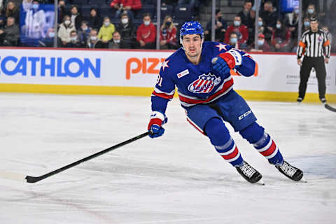 LAVAL, QC – APRIL 08: Brett Murray #81 of the Rochester Americans skates against the Laval Rocket during the first period at Place Bell on April 8, 2022 in Laval, Canada. The Laval Rocket defeated the Rochester Americans 4-3 in overtime. (Photo by Minas Panagiotakis/Getty Images)