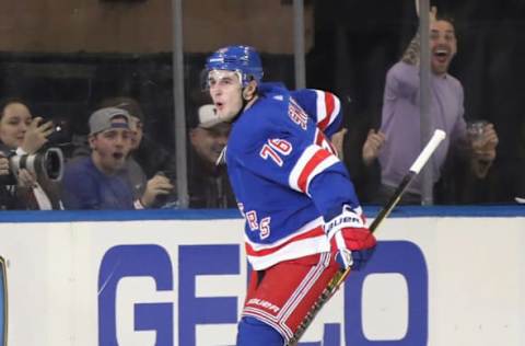 NEW YORK, NEW YORK – JANUARY 19: Brady Skjei #76 of the New York Rangers celebrates his goal at 18:23 of the first period against the Columbus Blue Jackets at Madison Square Garden on January 19, 2020 in New York City. (Photo by Bruce Bennett/Getty Images)