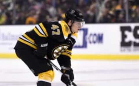 Apr 9, 2016; Boston, MA, USA; Boston Bruins defenseman Torey Krug (47) gets ready for a face-off during the first period against the Ottawa Senators at TD Garden. Mandatory Credit: Bob DeChiara-USA TODAY Sports