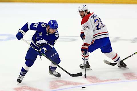 Yanni Gourde #37 of the Tampa Bay Lightning. (Photo by Mike Ehrmann/Getty Images)