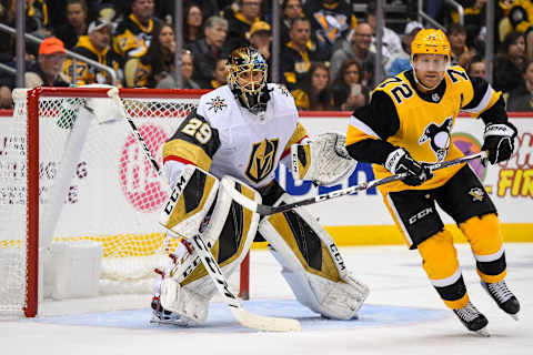 PITTSBURGH, PA – OCTOBER 19: Pittsburgh Penguins Right Wing Patric Hornqvist (72) set up in front of Vegas Golden Knights Goalie Marc-Andre Fleury (29) during the second period in the NHL game between the Pittsburgh Penguins and the Vegas Golden Knights on October 19, 2019, at PPG Paints Arena in Pittsburgh, PA. (Photo by Jeanine Leech/Icon Sportswire via Getty Images)