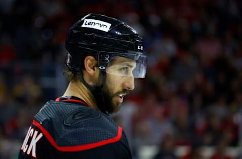 RALEIGH, NORTH CAROLINA – MAY 14: Vincent Trocheck #16 of the Carolina Hurricanes looks on during the third period in Game Seven of the First Round of the 2022 Stanley Cup Playoffs against the Boston Bruins at PNC Arena on May 14, 2022, in Raleigh, North Carolina. (Photo by Jared C. Tilton/Getty Images)