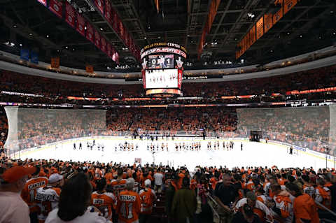 Apr 24, 2016; Philadelphia, PA, USA; The Washington Capitals and Philadelphia Flyers shake hands after game six of the first round of the 2016 Stanley Cup Playoffs at Wells Fargo Center. The Capitals won 1-0. Mandatory Credit: Derik Hamilton-USA TODAY Sports