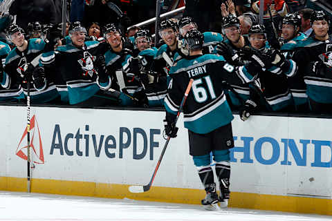 ANAHEIM, CA – OCTOBER 8: Troy Terry #61 of the Anaheim Ducks celebrates his shootout goal with his teammates during the game against the Detroit Red Wings on October 8, 2018, at Honda Center in Anaheim, California. (Photo by Debora Robinson/NHLI via Getty Images)