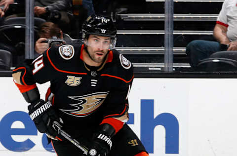 ANAHEIM, CA – OCTOBER 10: Adam Henrique #14 of the Anaheim Ducks skates with the puck during the game against the Arizona Coyotes on October 10, 2018, at Honda Center in Anaheim, California. (Photo by Debora Robinson/NHLI via Getty Images)