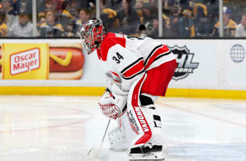 BOSTON, MA – MAY 12: Carolina Hurricanes goalie Petr Mrazek (34) waits for the start of the third period during Game 2 of the Stanley Cup Playoffs Eastern Conference Finals between the Boston Bruins and the Carolina Hurricanes on May 12, 2019, at TD Garden in Boston, Massachusetts. (Photo by Fred Kfoury III/Icon Sportswire via Getty Images)