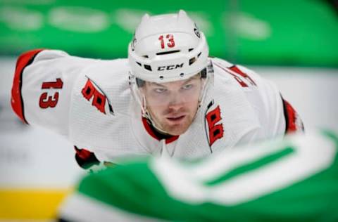 Warren Foegele #13, Carolina Hurricanes Mandatory Credit: Jerome Miron-USA TODAY Sports