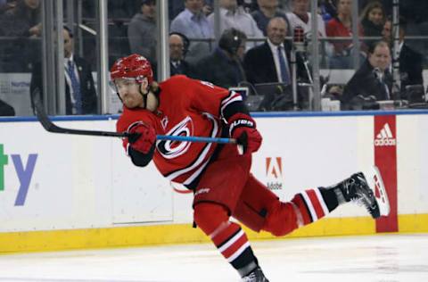 NEW YORK, NEW YORK – FEBRUARY 08: Dougie Hamilton #19 of the Carolina Hurricanes skates against the New York Rangers at Madison Square Garden on February 08, 2019 in New York City. The Hurricanes shut-out the Rangers 3-0. (Photo by Bruce Bennett/Getty Images)