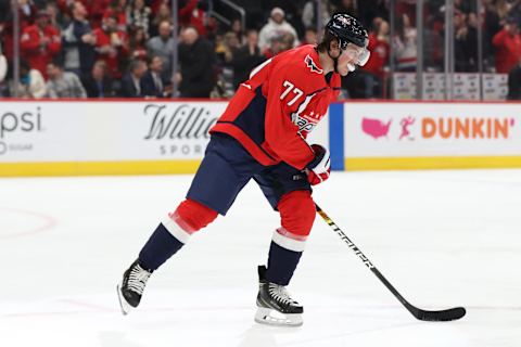 WASHINGTON, DC – DECEMBER 11: T.J. Oshie #77 of the Washington Capitals celebrates with teammates after scoring his second goal of the second period against the Boston Bruins at Capital One Arena on December 11, 2019 in Washington, DC. (Photo by Patrick Smith/Getty Images)