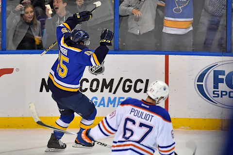 Oct 8, 2015; St. Louis, MO, USA; St. Louis Blues center Robby Fabbri (15) celebrates after scoring a goal against the Edmonton Oilers during the third period at Scottrade Center. Mandatory Credit: Jasen Vinlove-USA TODAY Sports