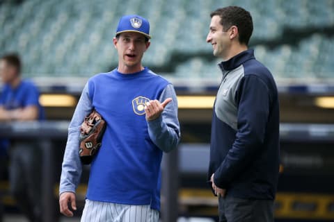 MILWAUKEE, WI – MAY 04: Manager Craig Counsell of the Milwaukee Brewers and general manager David Stearns meet before the game against the Pittsburgh Pirates at Miller Park on May 4, 2018 in Milwaukee, Wisconsin. (Photo by Dylan Buell/Getty Images)