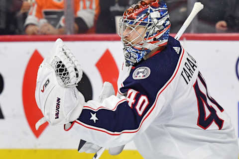 Dec 20, 2022; Philadelphia, Pennsylvania, USA; Columbus Blue Jackets goaltender Daniil Tarasov (40) makes a save against the Philadelphia Flyers during the second period at Wells Fargo Center. Mandatory Credit: Eric Hartline-USA TODAY Sports