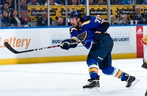 ST. LOUIS, MO – DECEMBER 12: Justin Faulk #72 of the St. Louis Blues takes a shot against the Vegas Golden Knights at Enterprise Center on December 12, 2019 in St. Louis, Missouri. (Photo by Joe Puetz/NHLI via Getty Images)