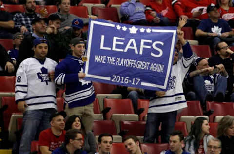 Jan 25, 2017; Detroit, MI, USA; Toronto Maple Leafs fans hold up a sign during the third period against the Detroit Red Wings at Joe Louis Arena. Toronto won 4-0. Mandatory Credit: Raj Mehta-USA TODAY Sports