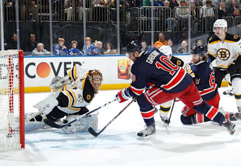 NEW YORK, NY – JANUARY 23: Marian Gaborik #10 of the New York Rangers scores his first goal of the season against goaltender Tuukka Rask #40 of the Boston Bruins at Madison Square Garden on January 23, 2013 in New York City. (Photo by Scott Levy/NHLI via Getty Images)