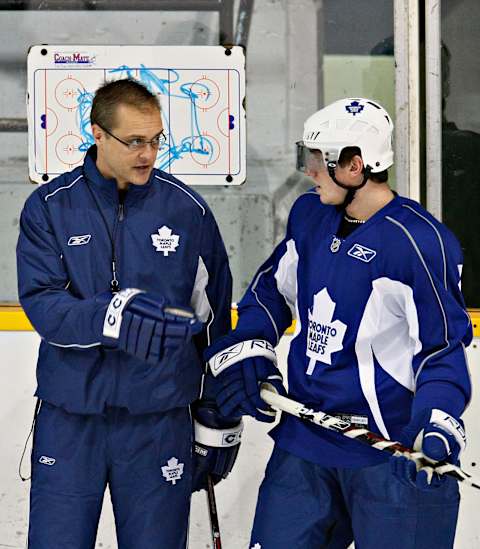 LEAFS PRACTICE–10/24/07–Toronto Maple Leafs head coach Paul Maurice (L) speaks with Marlies call-up Jiri Tlusty during practice at Lakeshore Lions Arena in Toronto, October 24, 2007. Tlusty is expected to be in the lineup when the Leafs play at Pittsburgh Thursday night. (Andrew Wallace/Toronto Star)anw (Photo by Andrew Francis Wallace/Toronto Star via Getty Images)