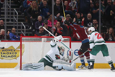 DENVER, CO – MARCH 02: Mikko Rantanen #96 of the Colorado Avalanche scores against goaltender Alex Stalock #32 of the Minnesota Wild at the Pepsi Center on March 2, 2018 in Denver, Colorado. (Photo by Michael Martin/NHLI via Getty Images)